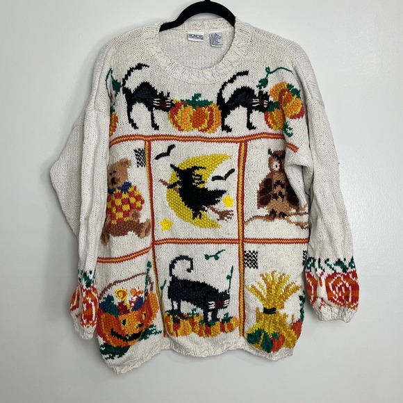 Honors Sweaters - Vintage 90s Halloween Black Cats Pumpkins Witch Owl Chunky‎ Sweater Womens L